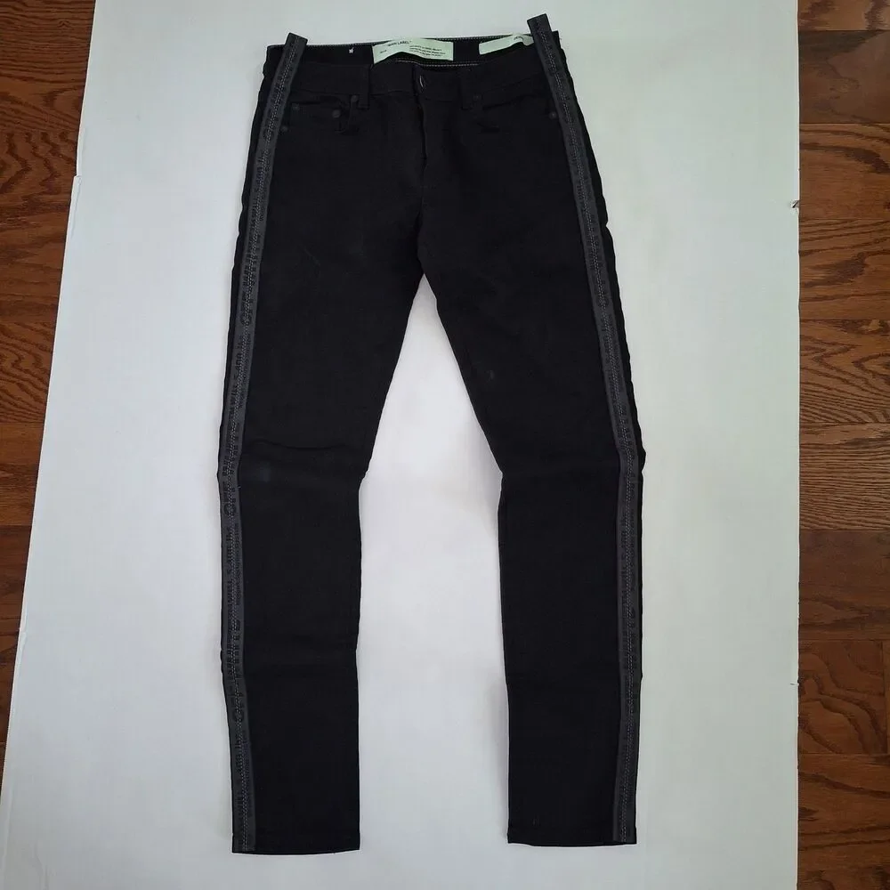Off White Virgil Abloh Black Denim Slim Fit Jeans 28 Logo Tape Side Stripe ITALY